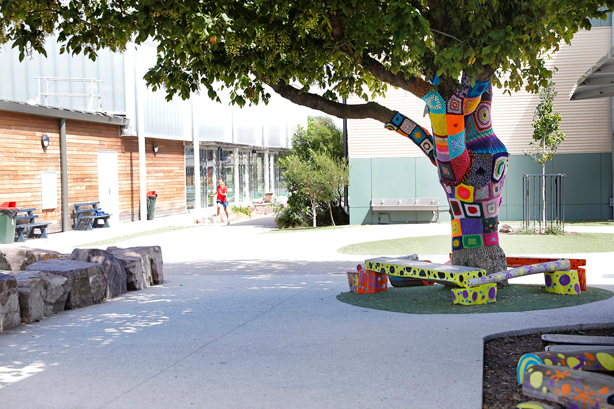 Buddy bench and crochet tree.